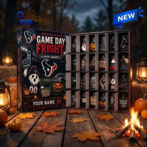 Front view of Houston Texans Game Day Fright Halloween Advent Calendar open with 24 spooky ornaments.