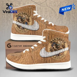 Iron Maiden Powerslave Egyptian High Top Sneaker with beige hieroglyphic print, Eddie graphics, and white laces.