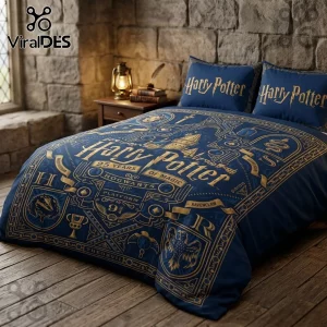 Harry Potter 25th Anniversary Duvet Bedding Set in navy blue with gold foil house emblems and magical motifs.