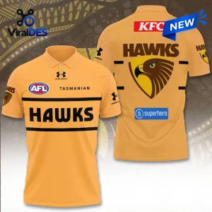 Hawthorn Football Club Gold Polo Shirt showing front and back views with AFL logos, Hawks branding, and gold fabric.