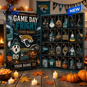 Front view of Jacksonville Jaguars Game Day Fright Halloween Advent Calendar with twenty-four spooky ornaments.