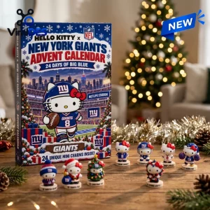 Front view of a Hello Kitty x New York Giants Advent Calendar with miniature figurines arranged on a wooden table.