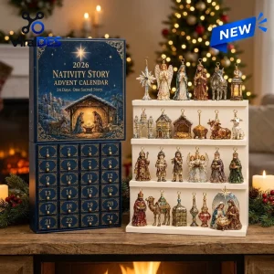 Front view of 2026 Nativity Story Christmas Advent Calendar with numbered drawers and figurines.