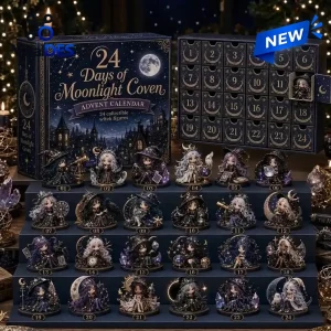 Front view of Moonlight Coven Witch Advent Calendar with numbered box and twenty-four miniature witch figures displayed.