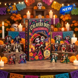 Front view of Calavera Duet 2026 Day of the Dead Advent Calendar box surrounded by miniature skeleton figures.
