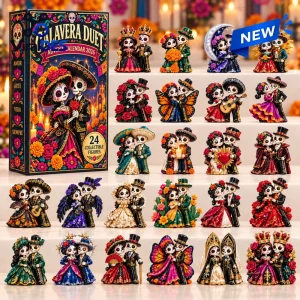 Front view of the Calavera Duet 2026 Day of the Dead Advent Calendar box beside twenty-four collectible skeleton couple figures.