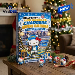 Front view of Hello Kitty x Los Angeles Chargers Advent Calendar with mini figures on a wooden table near a Christmas tree.