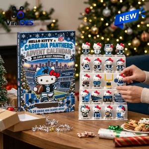 Front view of Hello Kitty x Carolina Panthers advent calendar with hands opening a display of miniature sports figures.