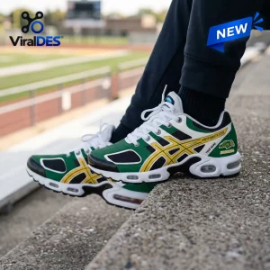 North Dakota State University Bison Personalized Air Max Sneakers in green, gold, and white with athletic mesh design.