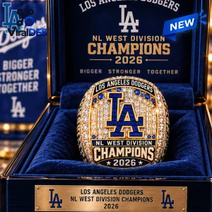 Top view of the Los Angeles Dodgers 2026 NL West Division Champions Ring inside an illuminated display box.