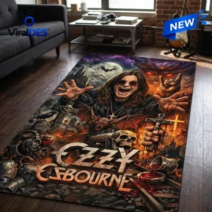 Ozzy Osbourne Heavy Metal Area Rug featuring a gothic illustration of the singer with skulls, bats, and a dark castle.