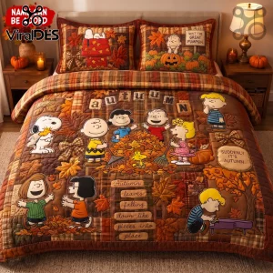 Peanuts Snoopy Great Pumpkin Fall Harvest Quilt Bedding Set featuring Charlie Brown characters in a festive autumn scene.