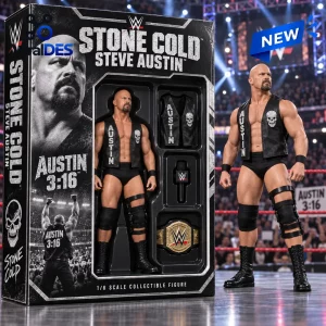 Front view of a Stone Cold Steve Austin WWE action figure next to its collector box.
