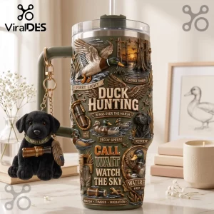 Duck Hunting Flooded Timber 40oz Handle Tumbler featuring mallard ducks, marsh scenery, and a black retriever charm.