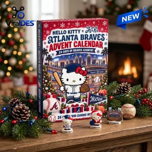Front view of Hello Kitty x Atlanta Braves 2026 Advent Calendar box with seasonal decor and three small character figures.