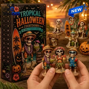 Closeup of hands holding beach skeleton figurines next to a Tropical Halloween Skeleton Advent Calendar box.