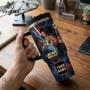Star Wars Episode IV 50th Anniversary 40oz Tumbler with character graphics, black lid, handle, and custom name plate area.