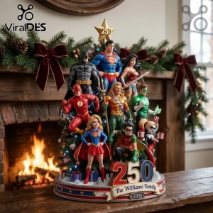 Justice League 2026 Superhero Christmas Tree Ornament featuring Batman, Superman, and Wonder Woman on a festive base.