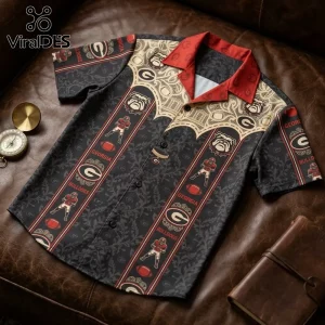 Georgia Bulldogs Premium Mascot Hawaiian Shirt featuring black fabric, red collars, and collegiate football graphic patterns.