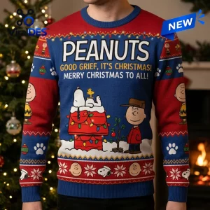 Front view of Peanuts Snoopy Christmas Ugly Sweater with blue and red panels.