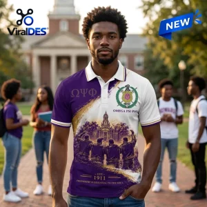 Omega Psi Phi Fraternity Crest Polo Shirt featuring purple and white panels, fraternity symbols, and 1911 graphic detail.