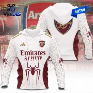 Front and back view of the Arsenal FC x Spider-Man white hoodie with spider web graphics.