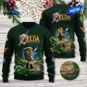 Front and back view of a green knit ugly sweater featuring a fantasy character in a forest landscape.