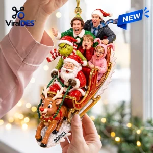 Personalized Movie Character Sleigh Christmas Ornament featuring Santa, Elf, and other figures with the name Sophia.