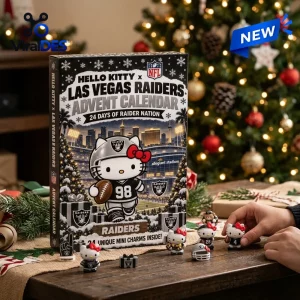 Front view of Hello Kitty x Las Vegas Raiders advent calendar box with small character figurines on a wooden table.