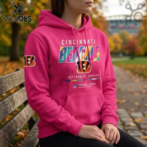 Cincinnati Bengals Crucial Catch Intercept Cancer hoodie in hot pink with team branding and official NFL logo on front.