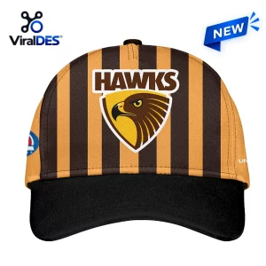 Hawthorn Hawks 2026 Signature Team Hoodie cap with vertical brown and gold stripes and a central hawk head logo.