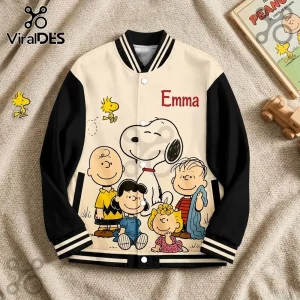 Peanuts Personalized Snoopy Emma Varsity Jacket in cream and black with iconic character graphics and custom name text.