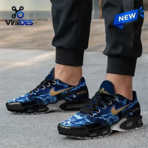 Harry Potter 25th Anniversary Blue Magic Air Max Shoes featuring lightning graphics, gold swoosh, and black soles.