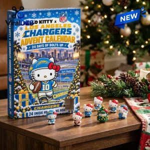 Front view of a Los Angeles Chargers advent calendar with miniature figurines displayed on a table.