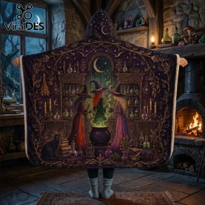 Witchcraft Illustration Sherpa Fleece Hooded Blanket featuring three witches brewing a potion in a dimly lit library room.