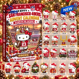 Front view of Hello Kitty x San Francisco 49ers Advent Calendar with twenty-four numbered mini figurines on a display stand.