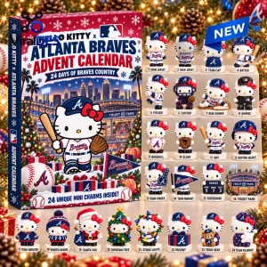 Front view of Hello Kitty x Atlanta Braves 2026 Advent Calendar box displaying twenty-four character figurine charms.