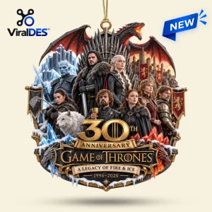 Front view of a decorative Game of Thrones 30th Anniversary Christmas ornament featuring a cast of characters.