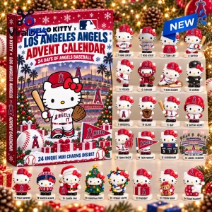 Front view of Hello Kitty x Los Angeles Angels 2026 Advent Calendar showing 24 numbered baseball figurines.