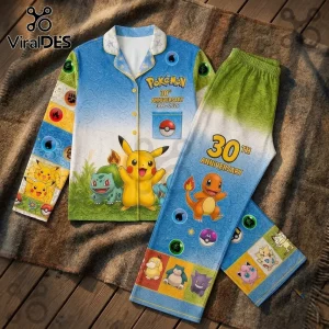 Pokemon 30th Anniversary Pikachu pajama sleepwear set featuring Pikachu, Bulbasaur, and Charmander on blue and green fabric.