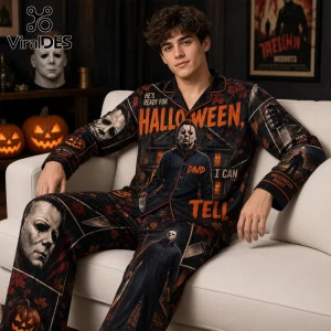 Michael Myers Horror Movie Personalized Pajama Set featuring autumn leaf patterns, Myers masks, and a dark house graphic.