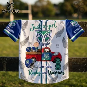 New Zealand Warriors Snoopy Rugby Button Down Jersey featuring Charlie Brown, a red truck, and fern leaf patterns.