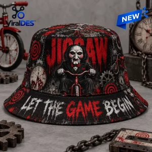 Front view of the Jigsaw Let The Game Begin horror bucket hat with puppet on tricycle graphic.