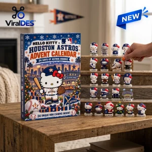 Front view of Hello Kitty x Houston Astros 2026 Advent Calendar box beside a hand placing a miniature figure.