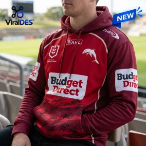 Front view of a red Dolphins NRL hoodie featuring various sponsor logos and decorative autograph graphics.