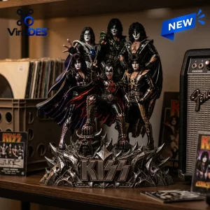 KISS Band Acrylic Plaque featuring detailed statues of band members on a spiked platform with the KISS logo in the center.