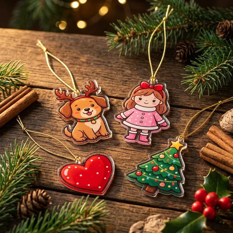 Laser-cut clear acrylic Whoville holiday ornaments with golden cords on rustic wood table