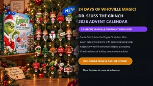 Dr. Seuss The Grinch advent calendar 2026 official featured banner with 24 Whoville ornaments and countdown presentation box