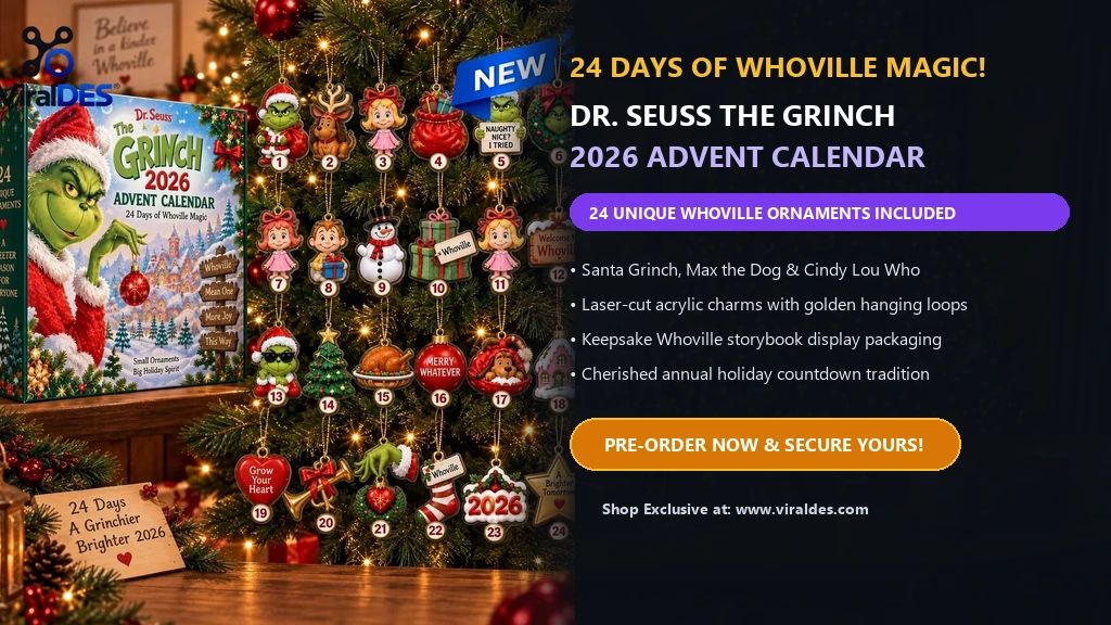 Dr. Seuss The Grinch advent calendar 2026 official featured banner with 24 Whoville ornaments and countdown presentation box