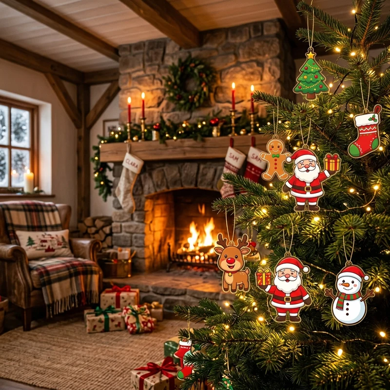 Cozy holiday living room Christmas tree decorated with Whoville acrylic charms and glowing lights beside warm fireplace